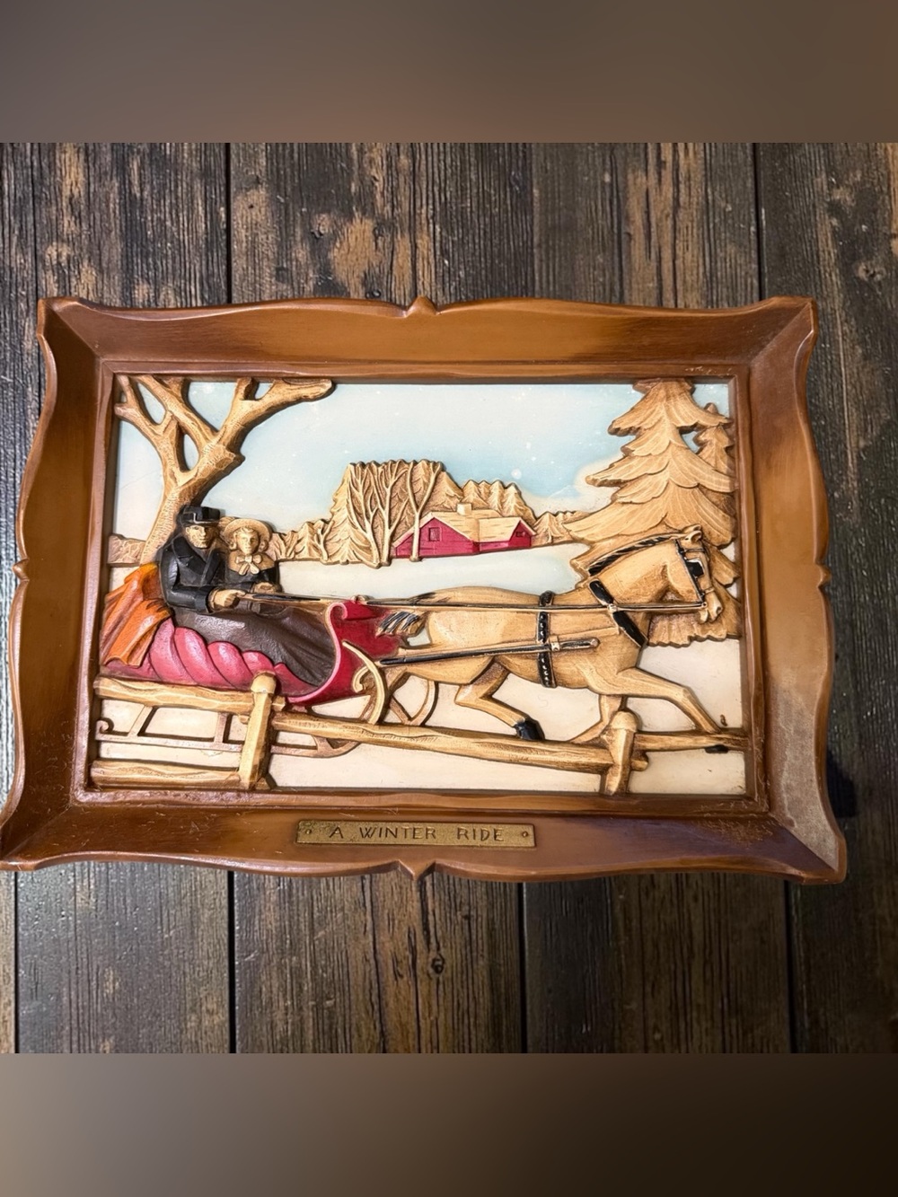 Vintage Syroco 3D Wall Plaque "A Winter Ride" Sleigh Scene | Mid Century Faux Wo